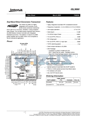 ISL3690IR datasheet - Dual Band Direct Conversion Transceiver