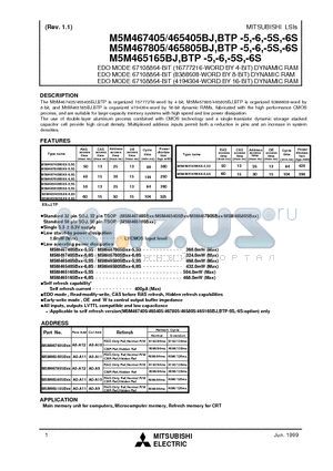 M5M465405BTP-6S datasheet - EDO MODE 67108864-BIT (16777216-WORD BY 4-BIT) DYNAMIC RAM