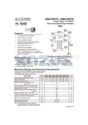 KBU1005G datasheet - Single Phase 10 AMPS. Glass Passivated Bridge Rectifiers