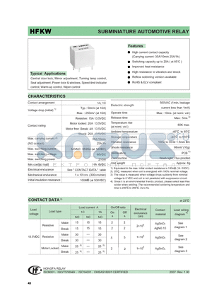 HFKW/0061HWL datasheet - SUBMINIATURE AUTOMOTIVE RELAY