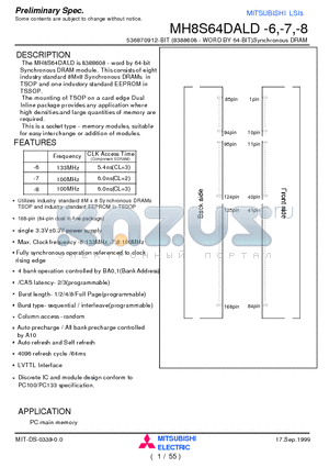 MH8S64DALD-7 datasheet - 536870912-BIT (8388608 - WORD BY 64-BIT)Synchronous DRAM