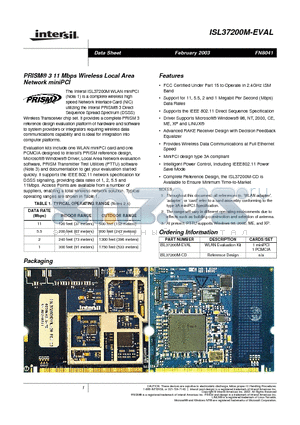 ISL37200M-EVAL datasheet - PRISM 3 11 Mbps Wireless Local Area Network miniPCI