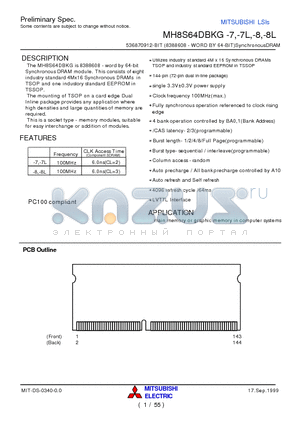 MH8S64DBKG-7L datasheet - 536870912-BIT (8388608 - WORD BY 64-BIT)SynchronousDRAM