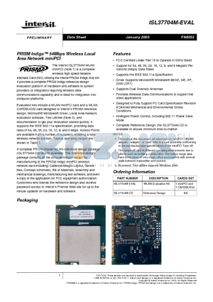 ISL37704M-EVAL datasheet - PRISM Indigo 54Mbps Wireless Local Area Network miniPCI