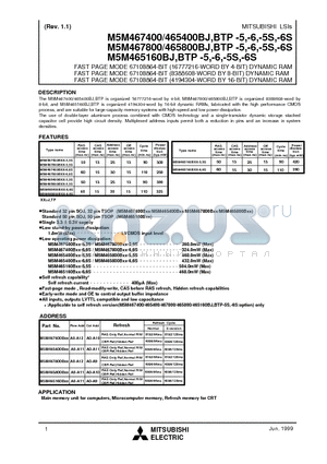 M5M467400J-5 datasheet - FAST PAGE MODE 67108864-BIT (16777216-WORD BY 4-BIT) DYNAMIC RAM
