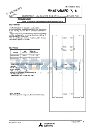 MH8S72BAFD-7 datasheet - 603,979,776-BIT ( 8,388,608-WORD BY 72-BIT ) Synchronous DYNAMIC RAM