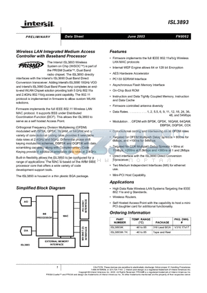 ISL3893IK datasheet - Wireless LAN Integrated Medium Access Controller with Baseband Processor