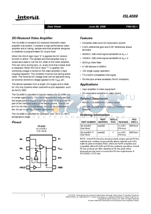 ISL4089 datasheet - DC-Restored Video Amplifier