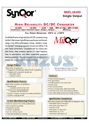 MQFL-28VE-05S-Y-ES datasheet - HIIGH RELLIIABIILLIITTY DC/DC CONVERTTER