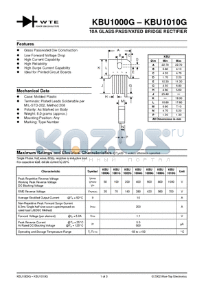 KBU1010G datasheet - 10A GLASS PASSIVATED BRIDGE RECTIFIER
