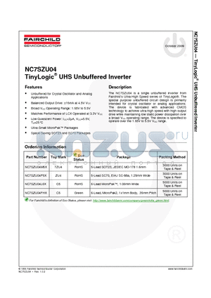 NC7SZU04P5X_09 datasheet - TinyLogic^ UHS Unbuffered Inverter
