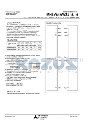 MH8V64AWZJ-5 datasheet - FAST PAGE MODE 536870912 - BIT ( 8388608 - WORD BY 64 - BIT ) DYNAMIC RAM
