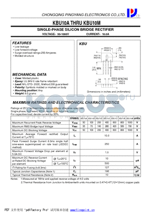 KBU10A datasheet - SINGLE-PHASE SILICON BRIDGE RECTIFIER