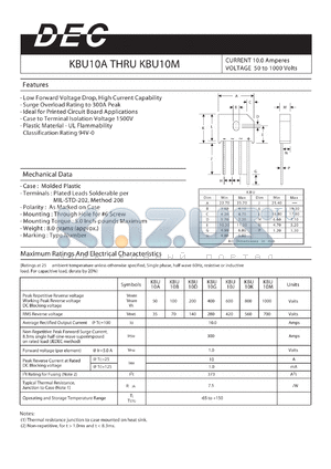 KBU10D datasheet - CURRENT 10.0 Amperes VOLTAGE 50 to 1000 Volts