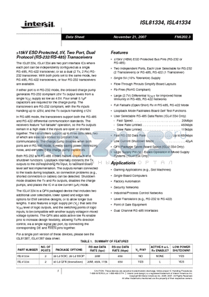 ISL41334IRZ datasheet - a15kV ESD Protected, 5V, Two Port, Dual Protocol (RS-232/RS-485) Transceivers