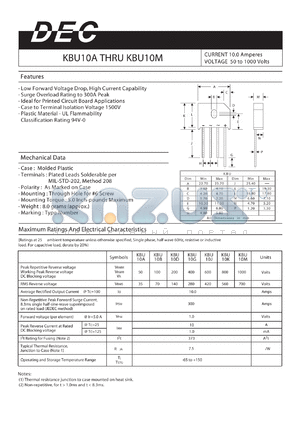 KBU10G datasheet - CURRENT 10.0 Amperes VOLTAGE 50 to 1000 Volts