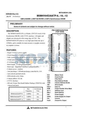 M5M4V64S30ATP-8 datasheet - 64M (4-BANK x 2097152-WORD x 8-BIT) Synchronous DRAM