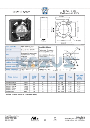 OD2510-05M datasheet - DC Fan - 5, 12V 25x10mm (1.0x 0.39)