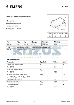 Q67000-S220 datasheet - SIPMOS Small-Signal Transistor (N channel Enhancement mode Avalanche rated)