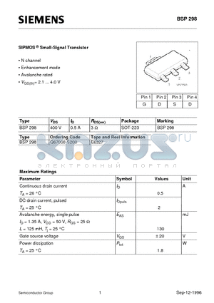 Q67000-S200 datasheet - SIPMOS Small-Signal Transistor (N channel Enhancement mode Avalanche rated)