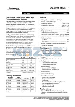 ISL43110IB datasheet - Low-Voltage, Single Supply, SPST, High Performance Analog Switches
