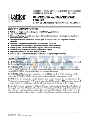 PALCE22V10H-10PI/5 datasheet - 24-Pin EE CMOS (Zero Power) Versatile PAL Device