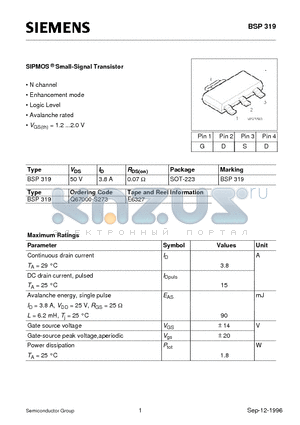 Q67000-S273 datasheet - SIPMOS Small-Signal Transistor (N channel Enhancement mode Logic Level Avalanche rated)