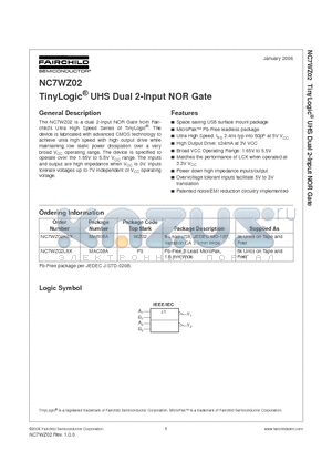 NC7WZ02 datasheet - TinyLogic UHS Dual 2-Input NOR Gate