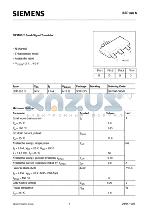 Q67000-S4001 datasheet - SIPMOS Small-Signal Transistor (N channel Enhancement mode Avalanche rated)