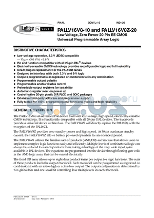 PALLV16V8-10SC datasheet - Low Voltage, Zero Power 20-Pin EE CMOS Universal Programmable Array Logic