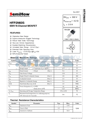 HFP2N60S datasheet - 600V N-Channel MOSFET