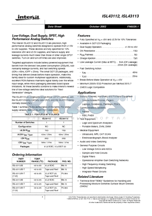 ISL43112IB datasheet - Low-Voltage, Dual Supply, SPST, High Performance Analog Switches