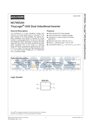 NC7WZU04 datasheet - TinyLogic UHS Dual Unbuffered Inverter