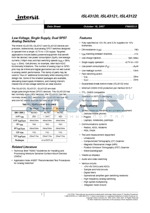 ISL43120IH-T datasheet - Low-Voltage, Single Supply, Dual SPST Analog Switches