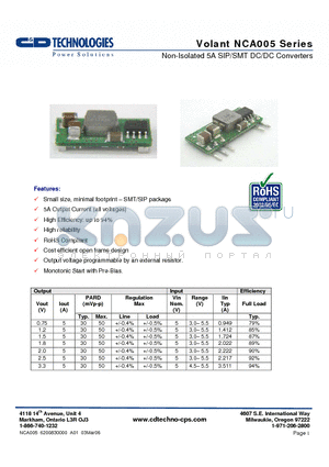 NCA005 datasheet - Non-Isolated 5A SIP/SMT DC/DC Converters