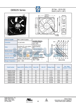OD9225-12LB datasheet - DC Fan - 12V & 24V 92x25 (3.62 x 1.00)