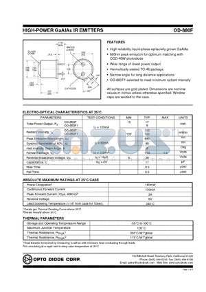 OD880F1 datasheet - HIGH POWER GAAIAS IR EMITTERS