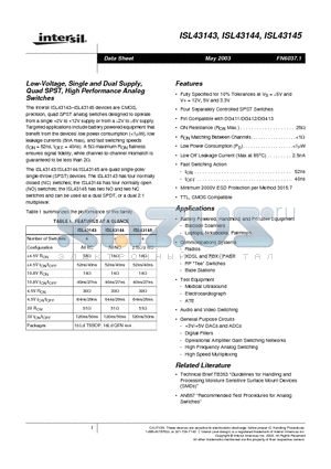 ISL43144 datasheet - Low-Voltage, Single and Dual Supply, Quad SPST, High Performance Analog Switches