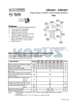 KBU401 datasheet - Single Phase 4.0 AMPS. Silicon Bridge Rectifiers