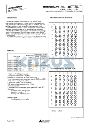 M5M51R16AWG-15H datasheet - 1048576-BIT(65536-WORD BY 16-BIT)CMOS STATIC RAM