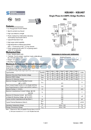 KBU401 datasheet - Single Phase 8.0 AMPS. Bridge Rectifiers