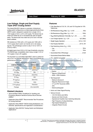 ISL43231IRZ datasheet - Low-Voltage, Single and Dual Supply, Triple SPDT Analog Switch