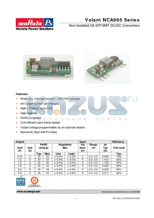 NCA005 datasheet - Non-Isolated 5A SIP/SMT DC/DC Converters