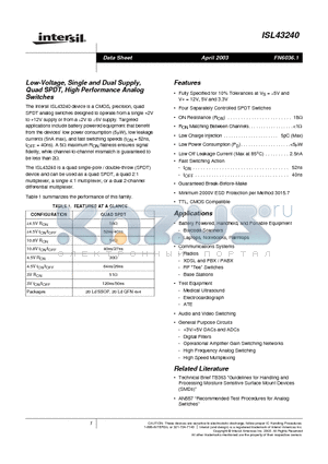 ISL43240 datasheet - Low-Voltage, Single and Dual Supply, Quad SPDT, High Performance Analog Switches