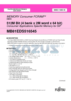 MB81EDS516545 datasheet - MEMORY Consumer FCRAM CMOS 512M Bit (4 bank x 2M word x 64 bit) Consumer Applications Specific Memory for SiP