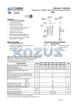 KBU401G_12 datasheet - Single Phase 4.0AMPS. Glass Passivated Bridge Rectifiers