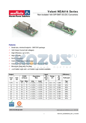 NCA0161500B0-XC datasheet - Non-Isolated 16A SIP/SMT DC/DC Converters