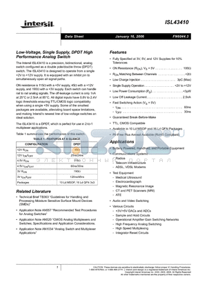 ISL43410IUZ datasheet - Low-Voltage, Single Supply, DPDT High Performance Analog Switch