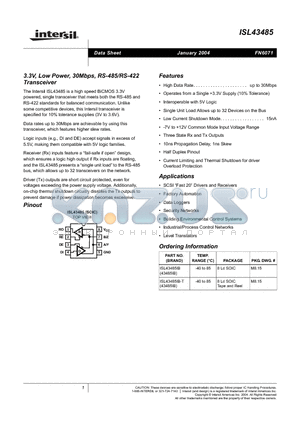 ISL43485IB-T datasheet - 3.3V, Low Power, 30Mbps, RS-485/RS-422