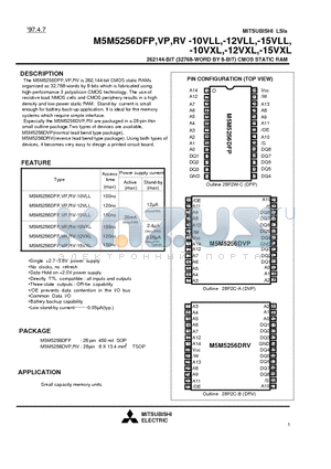 M5M5256DFP-10VLL datasheet - 262144-BIT (32768-WORD BY 8-BIT) CMOS STATIC RAM